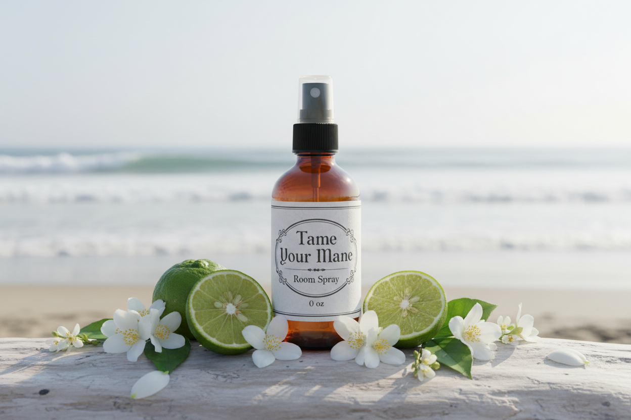 create a coastal image for Tame Your Mane Room Spray. 4 oz Amber spray bottle. Fragrance Profile
Top Notes: Bright bergamot, crisp citrus, ocean breeze
Heart Notes: White jasmine, delicate florals, fresh marine accord
Base Notes: Soft amber, clean musk, coastal air
Add white label with "Tame Your Mane Room Spray" 4 oz. Put images that match the fragrance notes