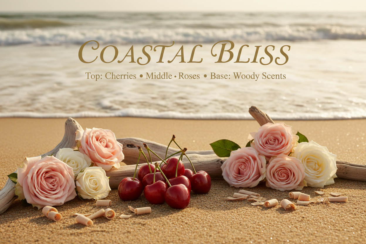 CREATE AN IMAGE FOR cOASTAL BLISS. fragrance NOTES Top: Cherries; Middle: Roses; Base: Woody Scents. I want it on the beach with cherries, roses and woody scent images. NO Bottle on the image. Just the beach and text and featured cherries, roses and woody scent images.