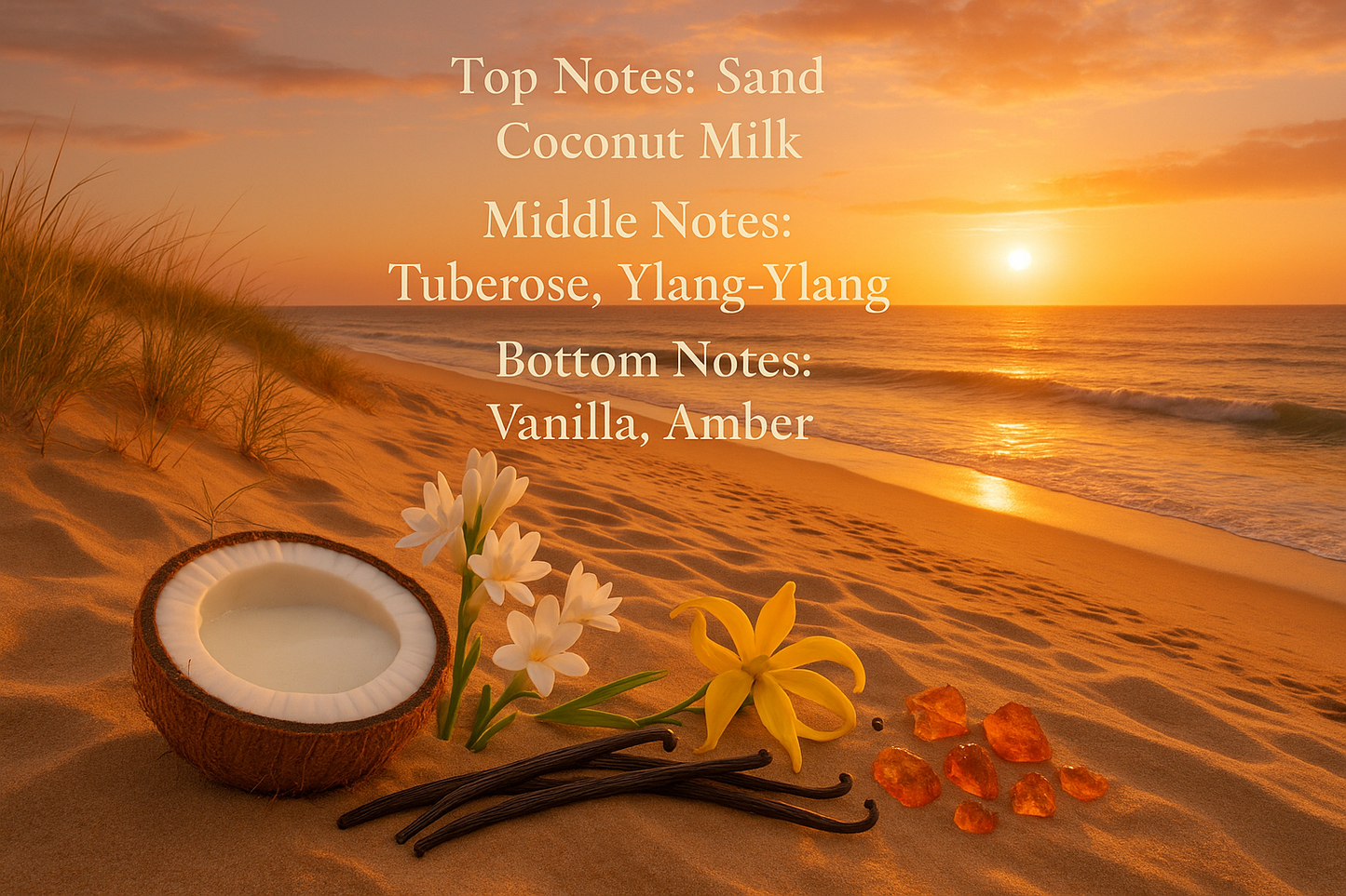 create an image with the following text: Top Notes: Sand, Coconut Milk
Middle Notes: Tuberose, Ylang-Ylang
Bottom Notes: Vanilla, Amber. Include images of the fragrance notes on a sunset beach. Do not include an image of a bottle or tube. Just the text, images of the scent notes on a sunset beach