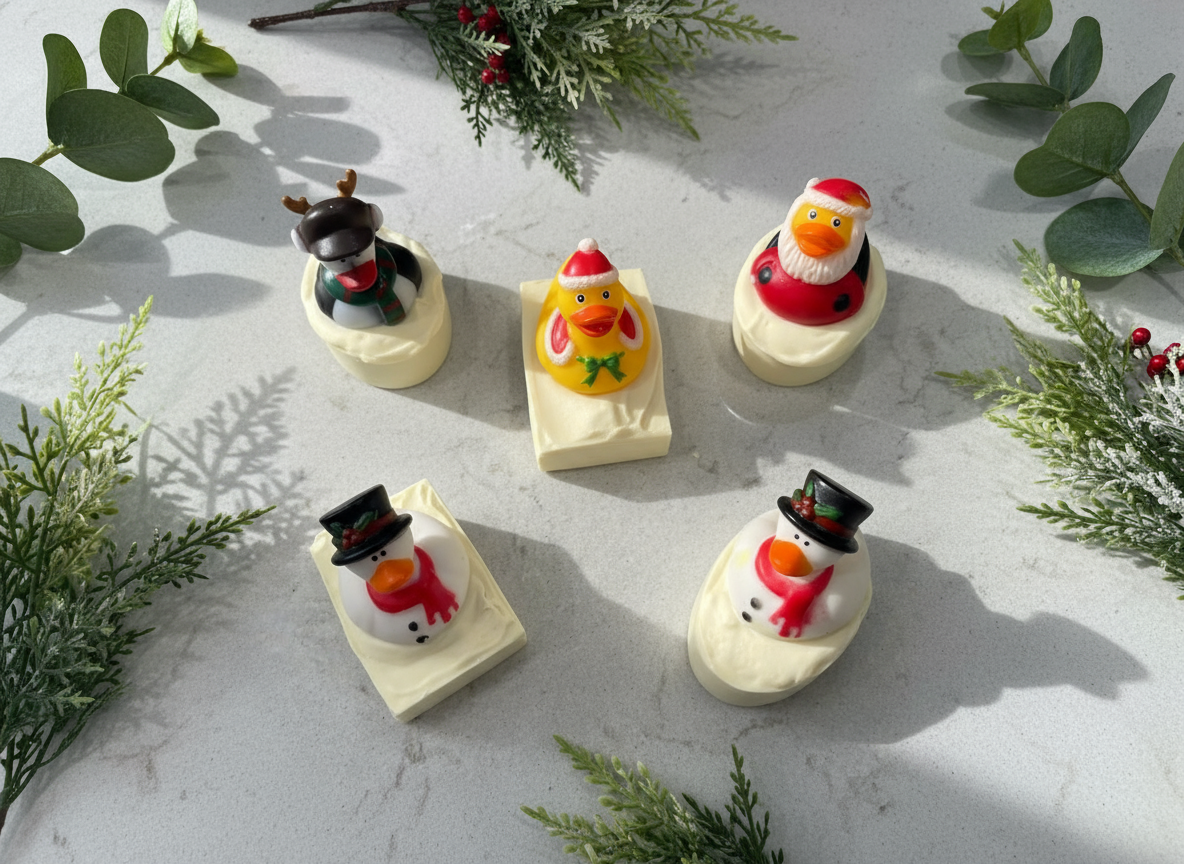 Five Christmas-themed soap bars on a light surface with greenery around.