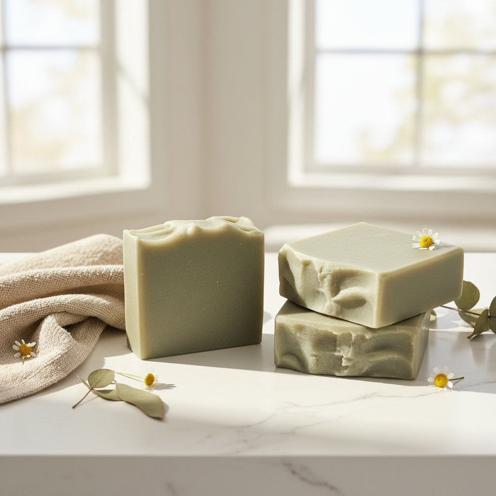 Three Gulf Mist artisan soap bars with pale olive green finish and rustic handcrafted tops on a sunlit white stone bathroom counter with linen towel and botanical accents
