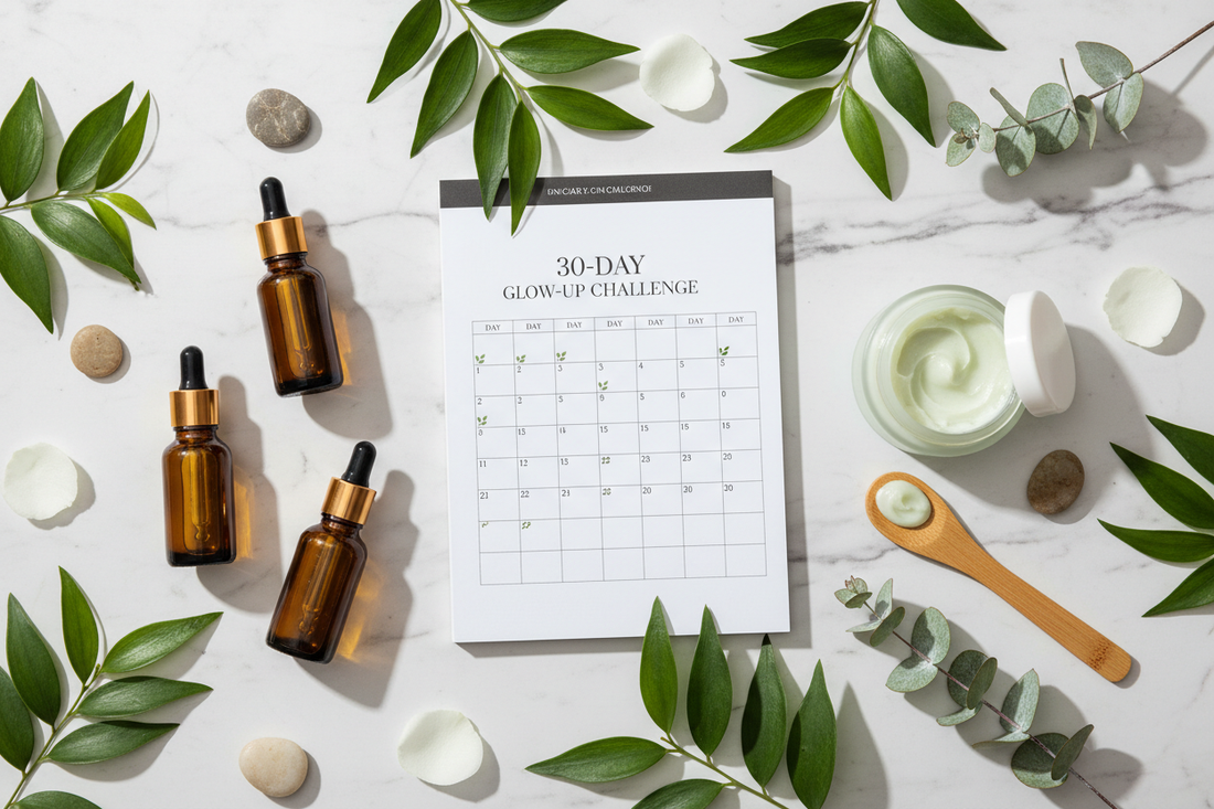 30-day barrier repair challenge calendar with botanical facial oils and cleansing balm on marble surface