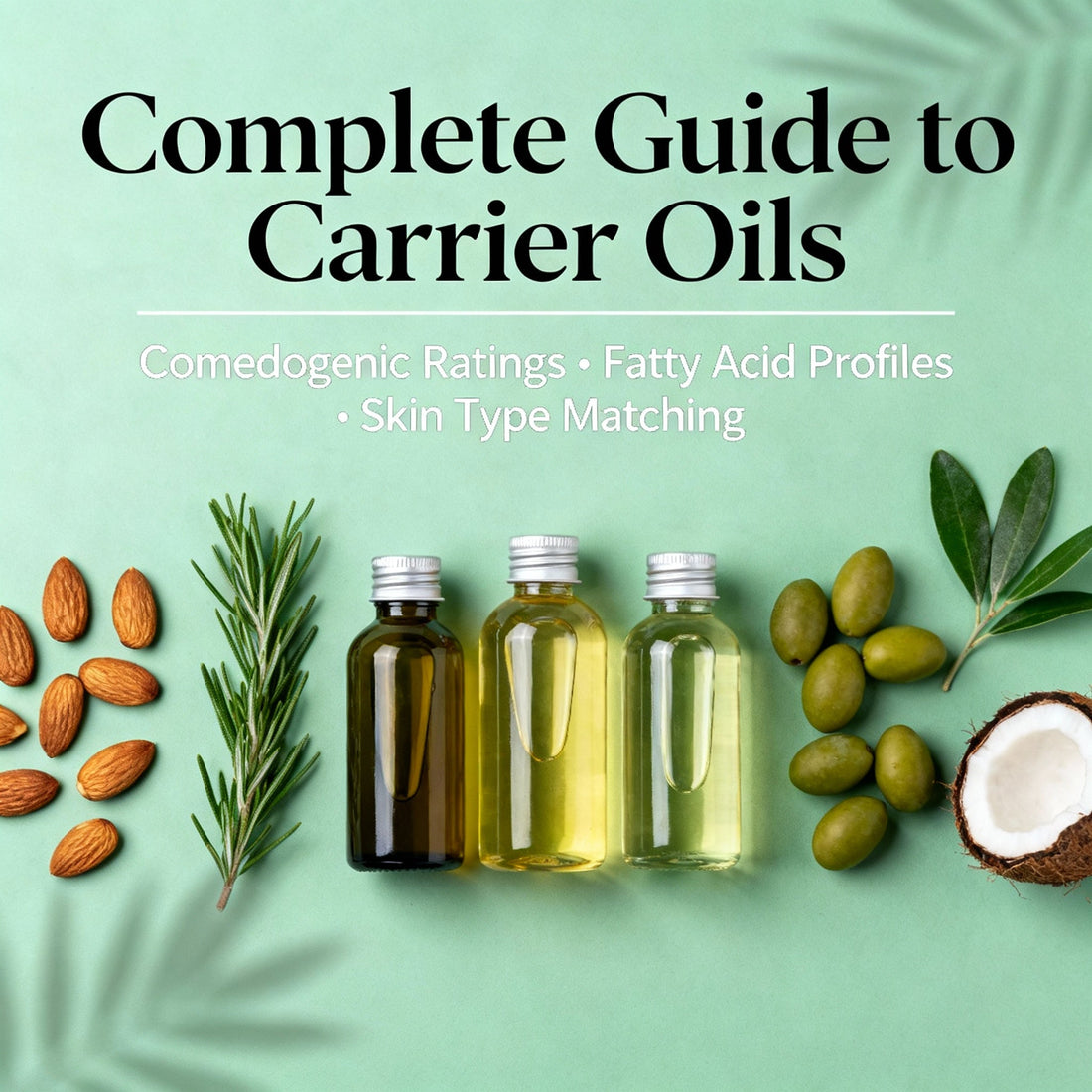 Carrier oils guide showing various botanical seed oils with comedogenic ratings and fatty acid profiles - skincare oil selection chart