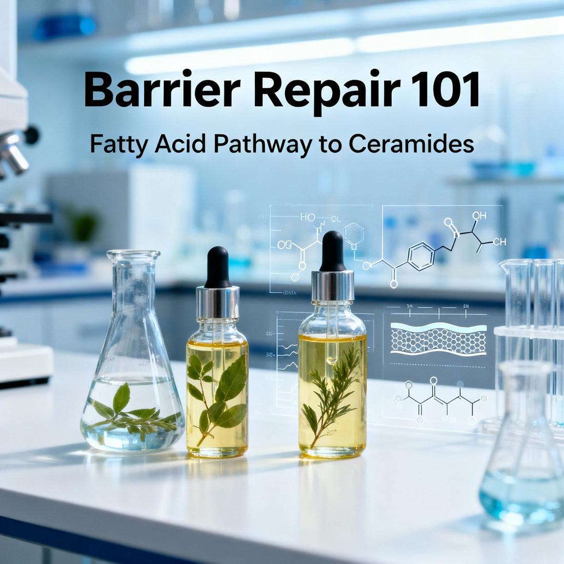 Skin barrier structure diagram showing ceramides, fatty acids, and cholesterol in stratum corneum - barrier repair science illustration