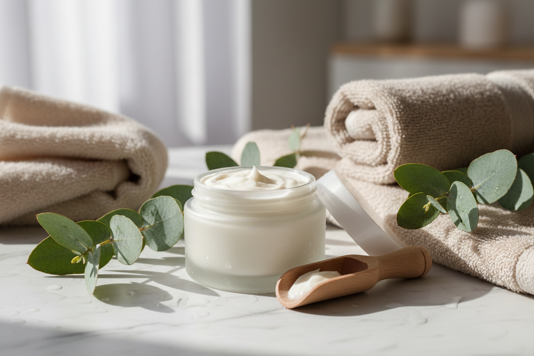 Bentonite clay cleansing balm in open glass jar on marble surface with botanical elements and spa towels