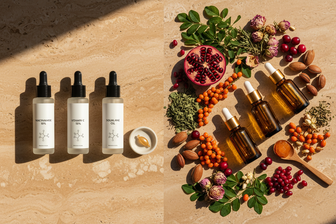 Flat lay of amber glass botanical facial oils with pomegranate, sea buckthorn, rosehip, and moringa ingredients beside minimalist serum bottles, illustrating the bioactive complexity of botanical oils