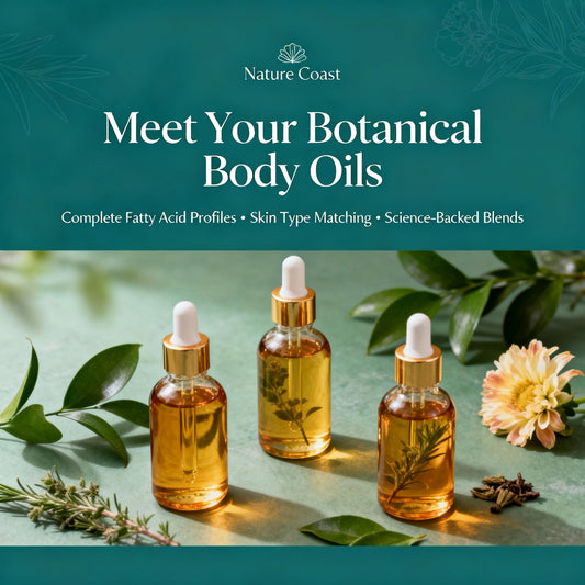Three botanical body oil bottles - Satin Coast, Citrus Coast, and Silken Twelve - displayed with natural ingredients showing omega-3 rich formulations for different skin types