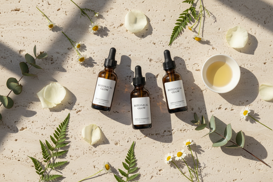 Collection of botanical facial oils in amber glass bottles surrounded by fresh flowers and botanicals on natural stone surface