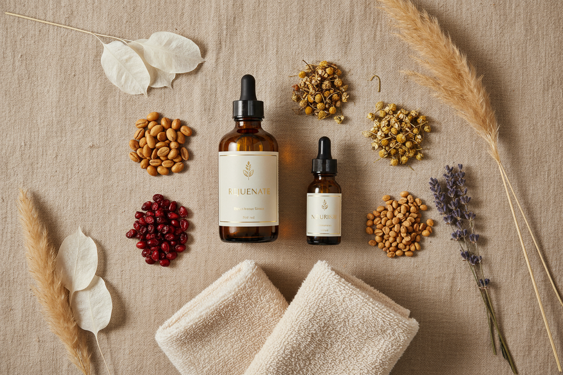 Botanical facial oils for mature skin with natural ingredients including rosehip seeds and jojoba on spa-inspired surface