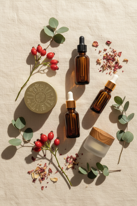 Warm flat lay of all five products with rosehip berries and dried botanicals on cream linen.