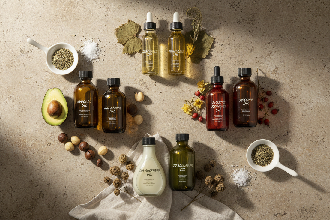 Botanical facial oils organized by fatty acid hierarchy showing linoleic acid oils, oleic acid oils, GLA omega-3 oils, and specialty omega-7 oils on natural stone surface