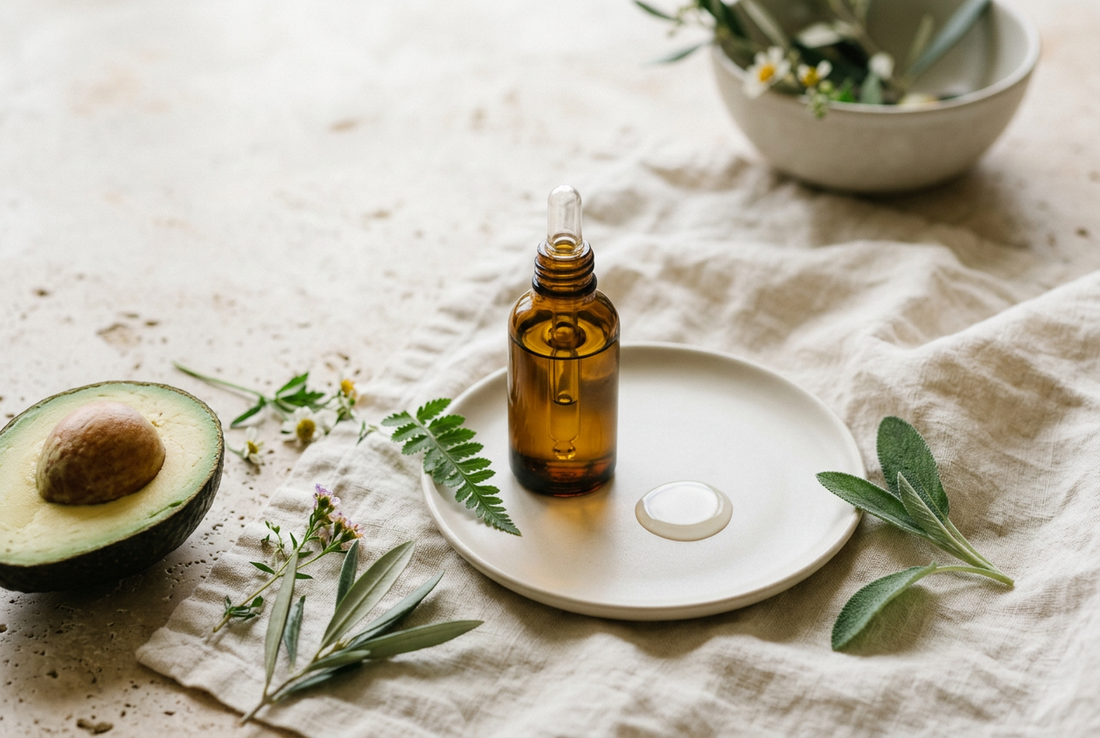 Amber dropper bottle of botanical oil with avocado and green leaves on a light natural background.