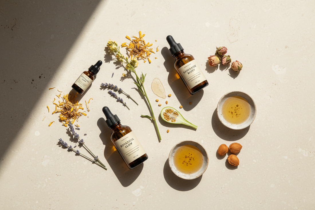 Flat lay of botanical facial oils in amber glass dropper bottles with dried botanicals and golden carrier oils on a natural stone surface, representing the relationship between ceramides and fatty acids in skincare