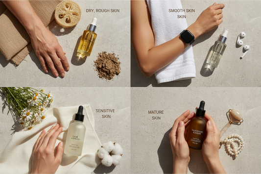 Four body skin types arranged in quadrants showing dry parched skin, congested bumpy skin, reactive irritated skin, and dull aging skin with corresponding botanical body oils