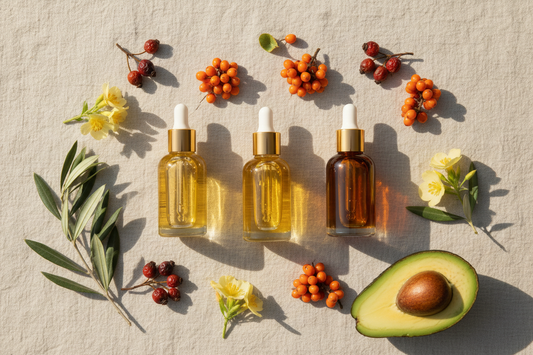 botanical flat lay with glass dropper bottles, rosehip, sea buckthorn, evening primrose, olive branch, and avocado on linen. Warm earth tones, editorial feel