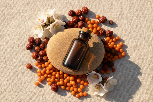 Amber bottle with beautiful flowers and rosehip berries around it on a canvas cloth.
