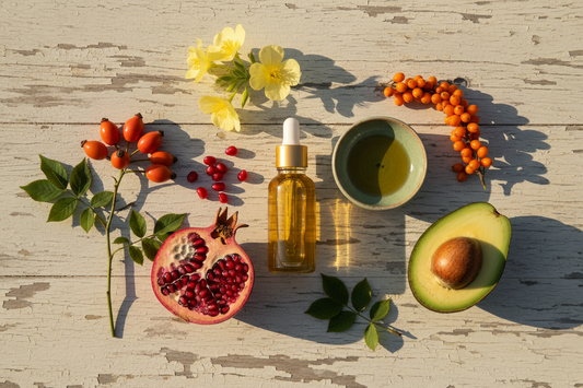 Seven botanical carrier oils arranged as a flat lay on weathered white wood — rosehip, argan, pomegranate, avocado, sea buckthorn, jojoba, and evening primrose — Nature Coast Apothecary