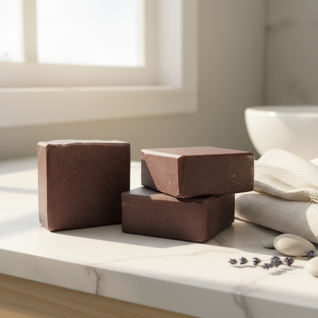 Handmade cold process soap bars arranged beside botanical ingredients including plant oils and dried herbs on a neutral linen background