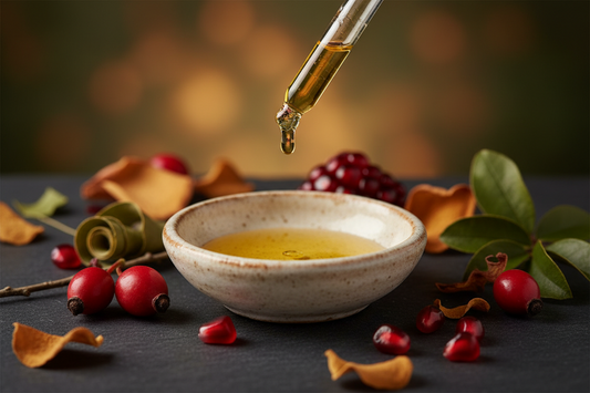 Golden botanical oil dropping from a pipette into a ceramic dish, surrounded by rosehip berries and dried botanicals on a dark slate surface — Nature Coast Apothecary carrier oils