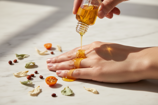 Golden botanical oils catching warm natural light, surrounded by rosehip seeds, sea buckthorn, and dried petals on a marble surface — illustrating the natural lipid affinity between plant carrier oils and skin.