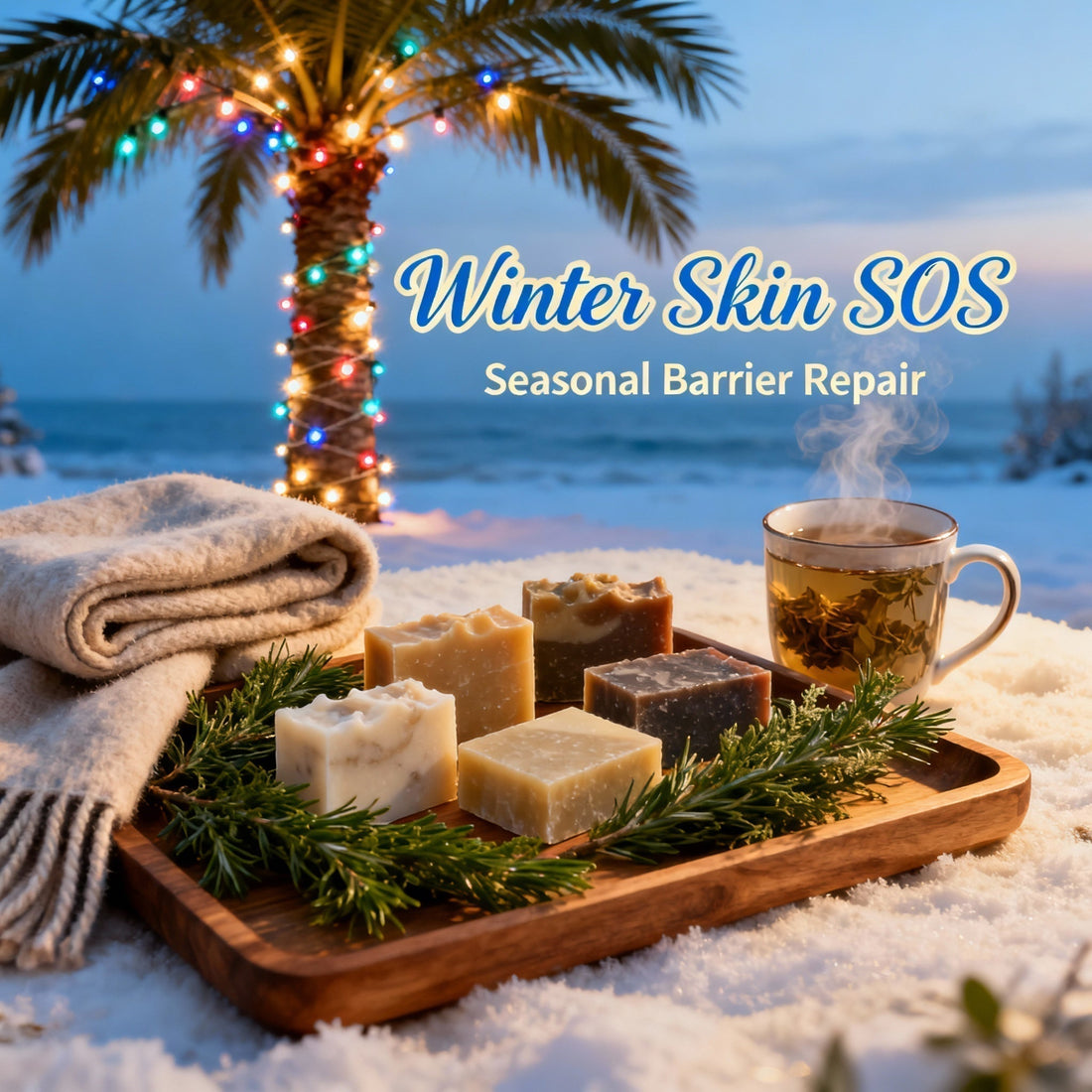 Winter skincare products including botanical body oils, whipped body butter, and artisan soaps arranged with winter elements - cold weather skin protection