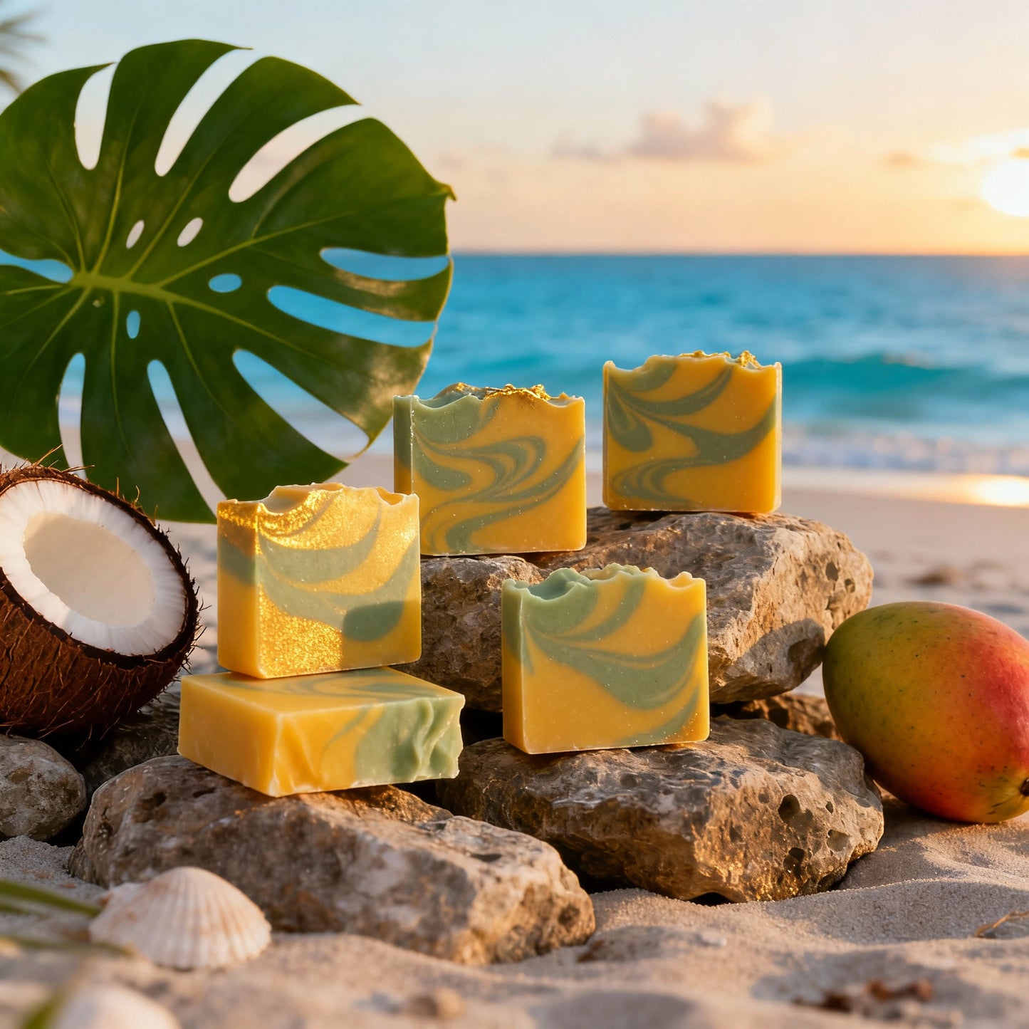 Yellow and green marbled soap bars on rocks with a coconut, mango, and tropical leaf in a beach setting.