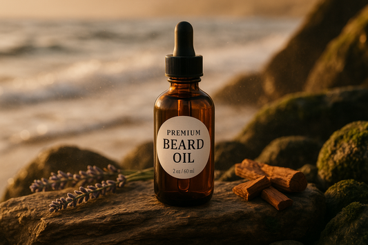2 oz amber dropper bottle. with white circle label with the following text, "Premium Beard Oil".  Coastal setting with premium looking.  fragrance notes of Top: Amber, Lemon, Tobacco
Mid: Jasmine, Lavender, Hints of cocoa
Dry: Vanilla, Sandalwood, Moss, Patchouli, Musk, Guiaiacwood, Tonka