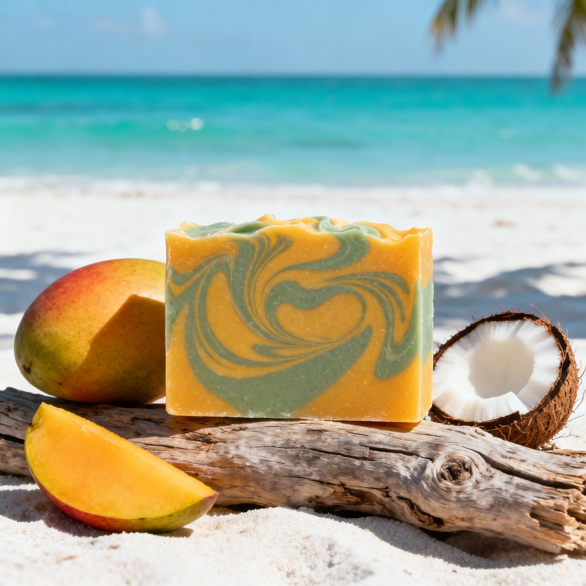 Bar of soap with mango and coconut on a beach