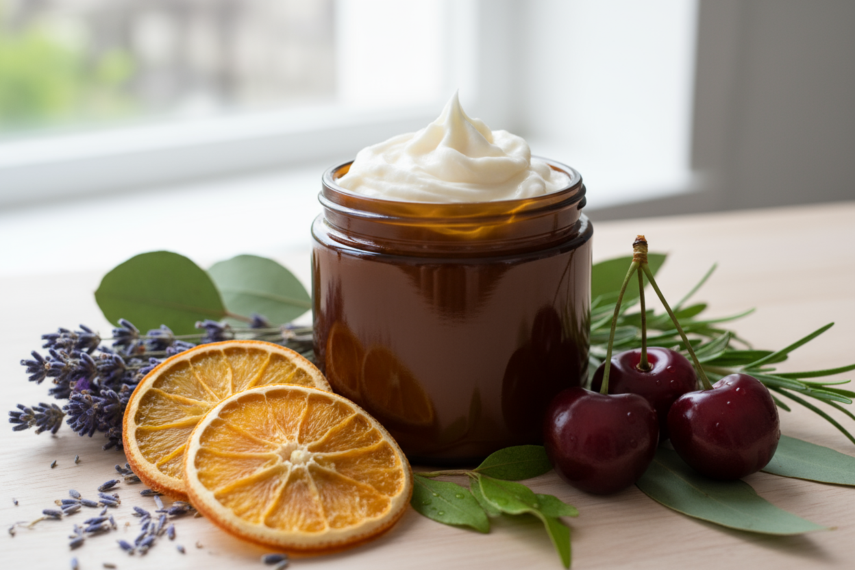Whipped body butter in amber jar close-up - luxury moisturizer