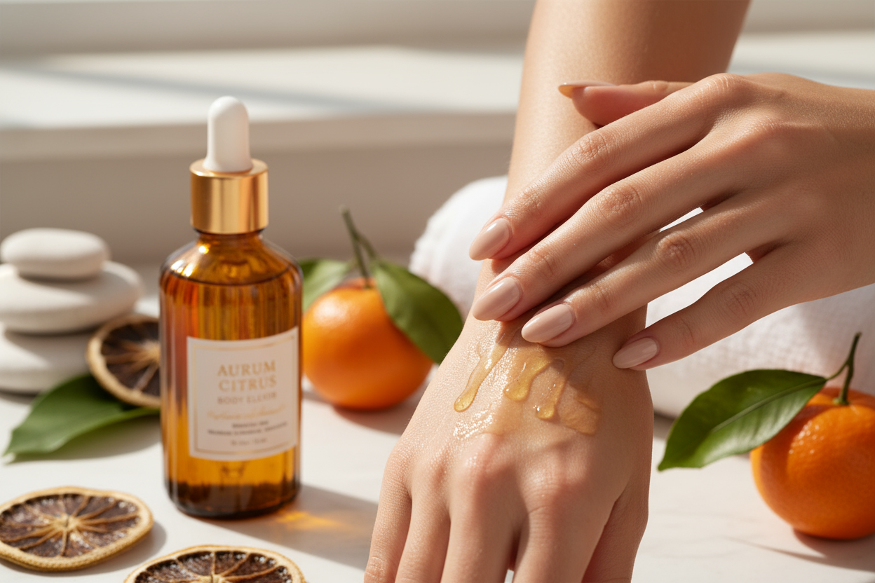 Application of citrus body oil with amber bottle