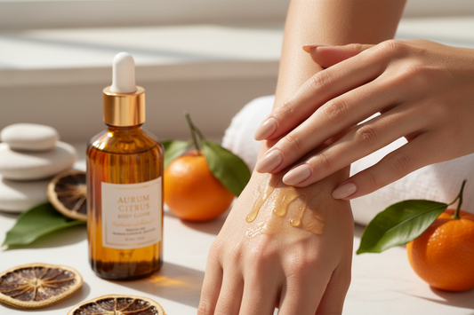 Amber bottle of Citrus Coast botanical body oil with dropper, surrounded by citrus botanicals