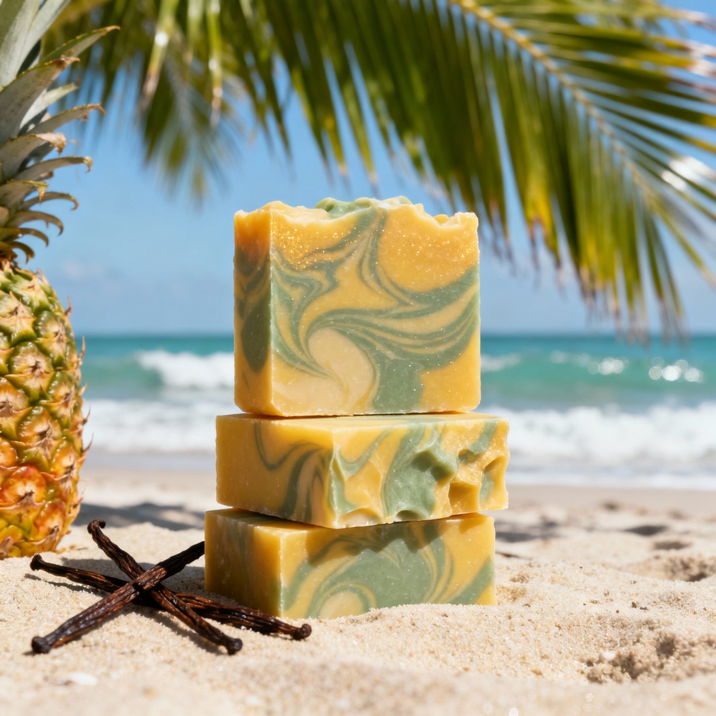 Stack of yellow and green marbled soap bars on a sandy beach with a pineapple and vanilla beans.