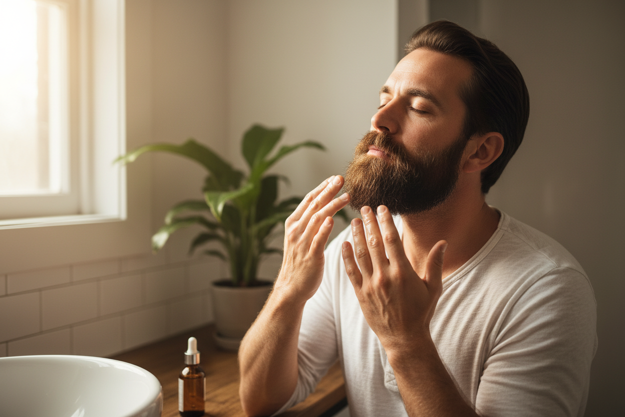create an image of someone applying beard oil.  lifestyle type image