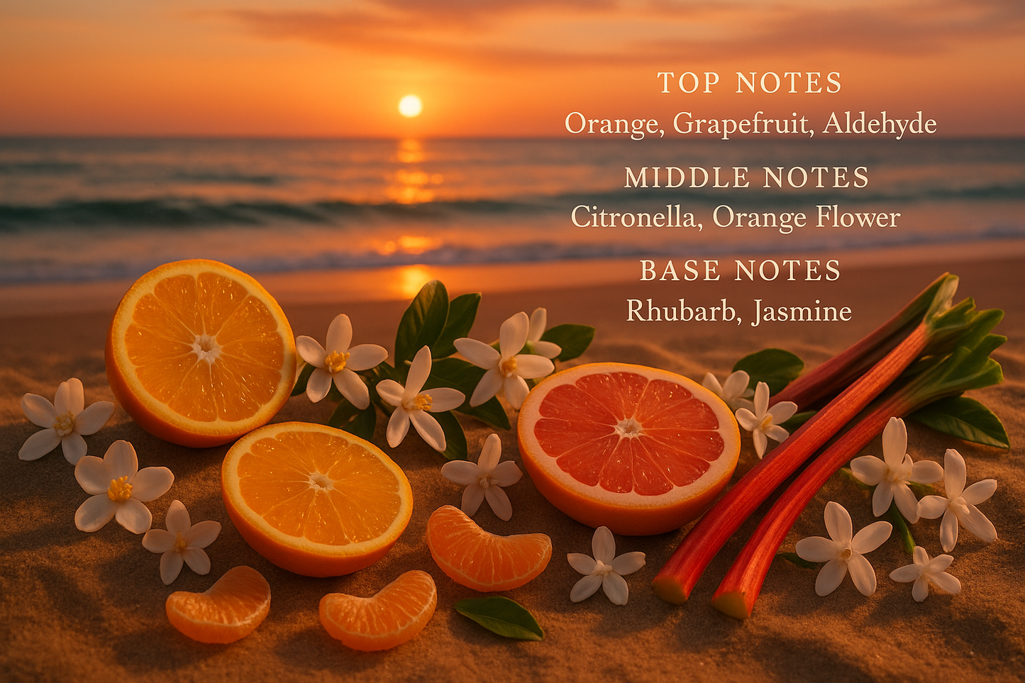 Create an image that include the text of the fragrance notes. Top Notes: Orange, Grapefruit, Aldehyde

Middle Notes: Citronella, Orange Flower

Base Notes: Rhubarb, Jasmine

This seductively tangy fragrance blends fresh pink grapefruit with sweet valencia orange, mouth-watering clementine, and soft florals. Place images of the fragrance notes on a beach at sunset.