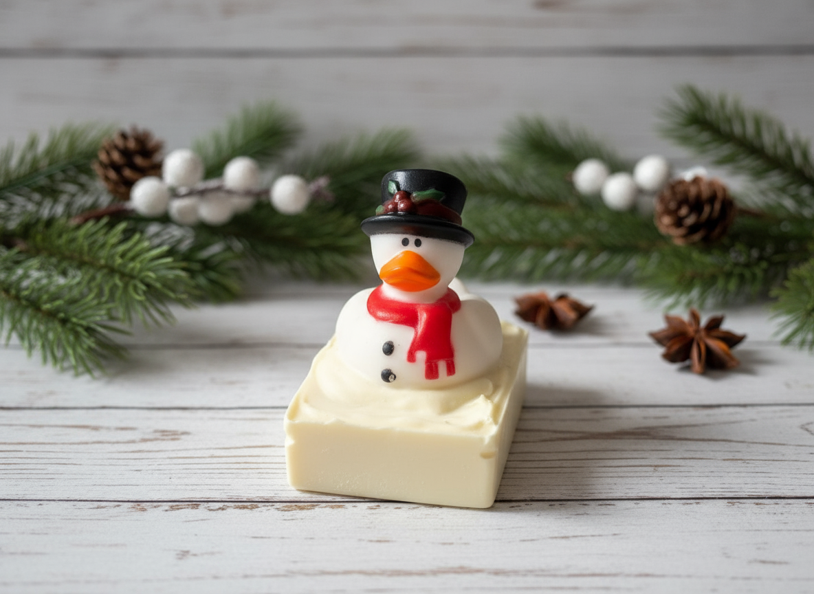 Snowman-shaped soap on a wooden surface with Christmas decorations