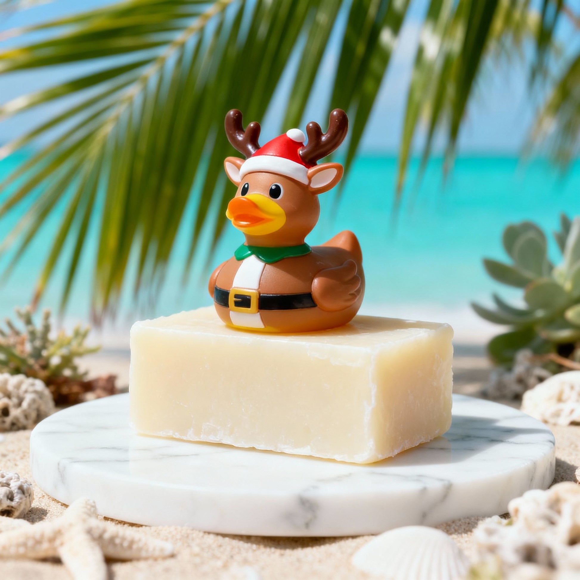 Rubber duck reindeer on a bar of soap with a tropical background