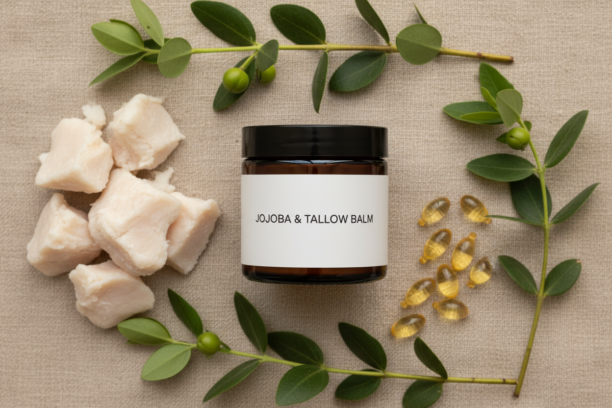 Grass-fed tallow balm with jojoba oil ingredients flat lay featuring amber jar, botanical elements, and vitamin E on natural linen