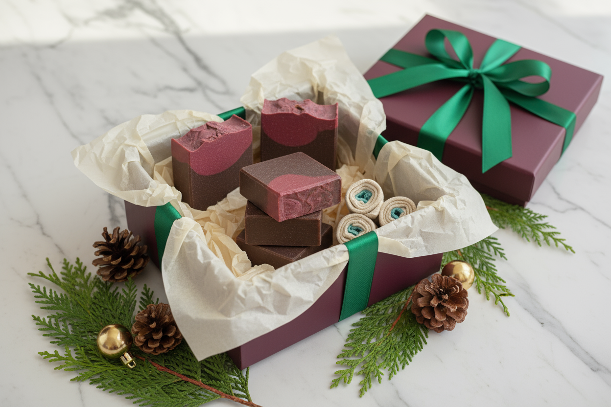 An elegant gift presentation highlighting the bundle's perfect-gift appeal with festive packaging and holiday decor.