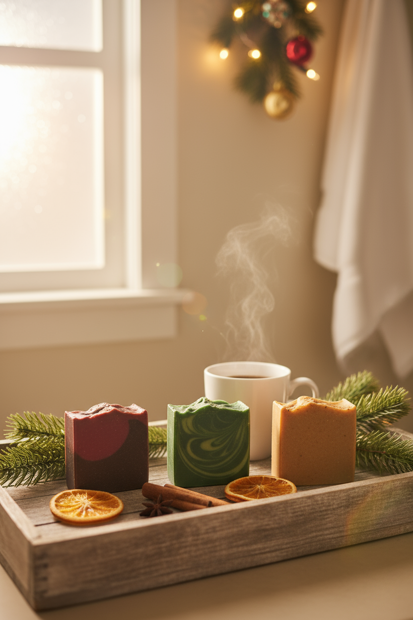 A cozy morning scene with your three soaps displayed on a rustic wooden tray, perfect for showcasing the energizing start to a holiday day.
