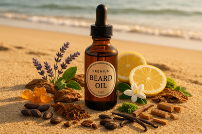 Image must be in portrait format. 2 oz amber dropper bottle with circle label with the following text, "Premium Beard Oil".   Include flowers and items displayed around it that reflect the fragrance notes on a beach.   Top: Amber, Lemon, Tobacco
Mid: Jasmine, Lavender, Hints of cocoa
Dry: Vanilla, Sandalwood, Moss, Patchouli, Musk, Guiaiacwood, Tonka 