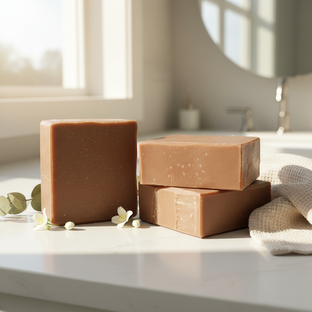 Three Still Water artisan soap bars with chocolate brown finish — one upright and two stacked — on a sunlit white stone bathroom counter with linen towel and botanical accents