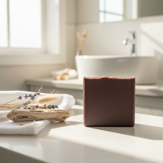 Driftwood Bay artisan soap bar with deep espresso-brown finish standing upright on a sunlit white stone bathroom counter with linen towel and coastal botanical accents