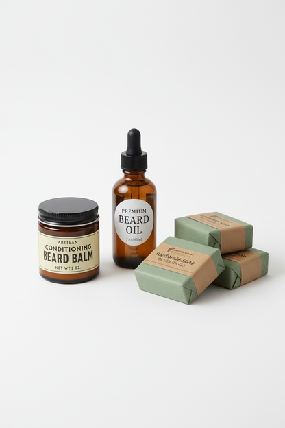 Men's grooming bundle with beard oil, balm and Ocean Waves artisan soap
