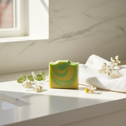 Honeysuckle Cove artisan soap bar with yellow and green swirl on a sunlit white stone bathroom counter with linen towel and botanical accents
