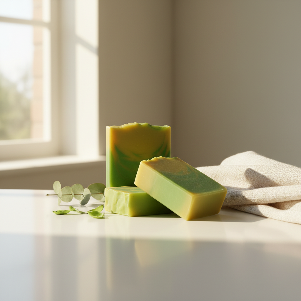 Two Honeysuckle Cove artisan soap bars with yellow and green swirl arranged on a sunlit white stone bathroom counter with linen towel and botanical accents