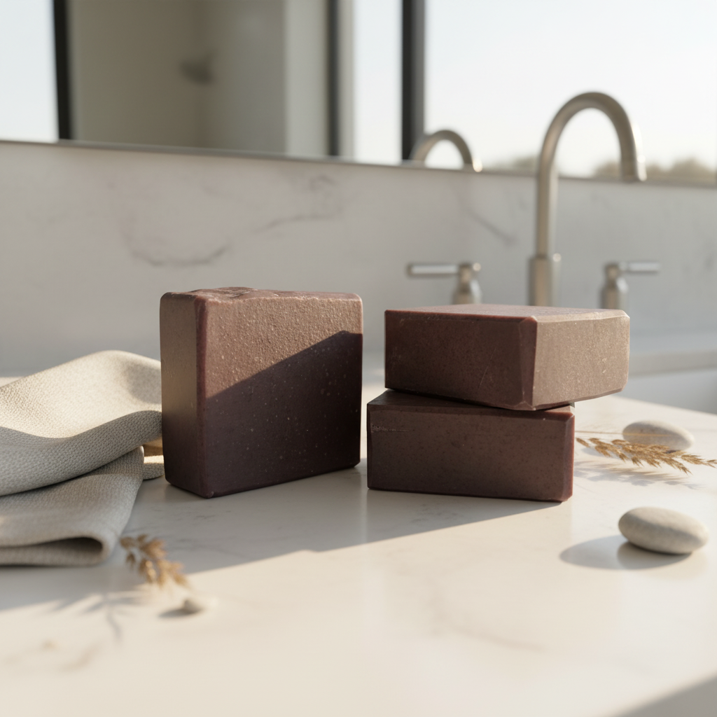 Three Driftwood Bay artisan soap bars with espresso-brown finish at low angle on a sunlit white stone bathroom counter with linen towel and coastal botanical accents