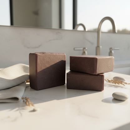 Three Driftwood Bay artisan soap bars with espresso-brown finish at low angle on a sunlit white stone bathroom counter with linen towel and coastal botanical accents