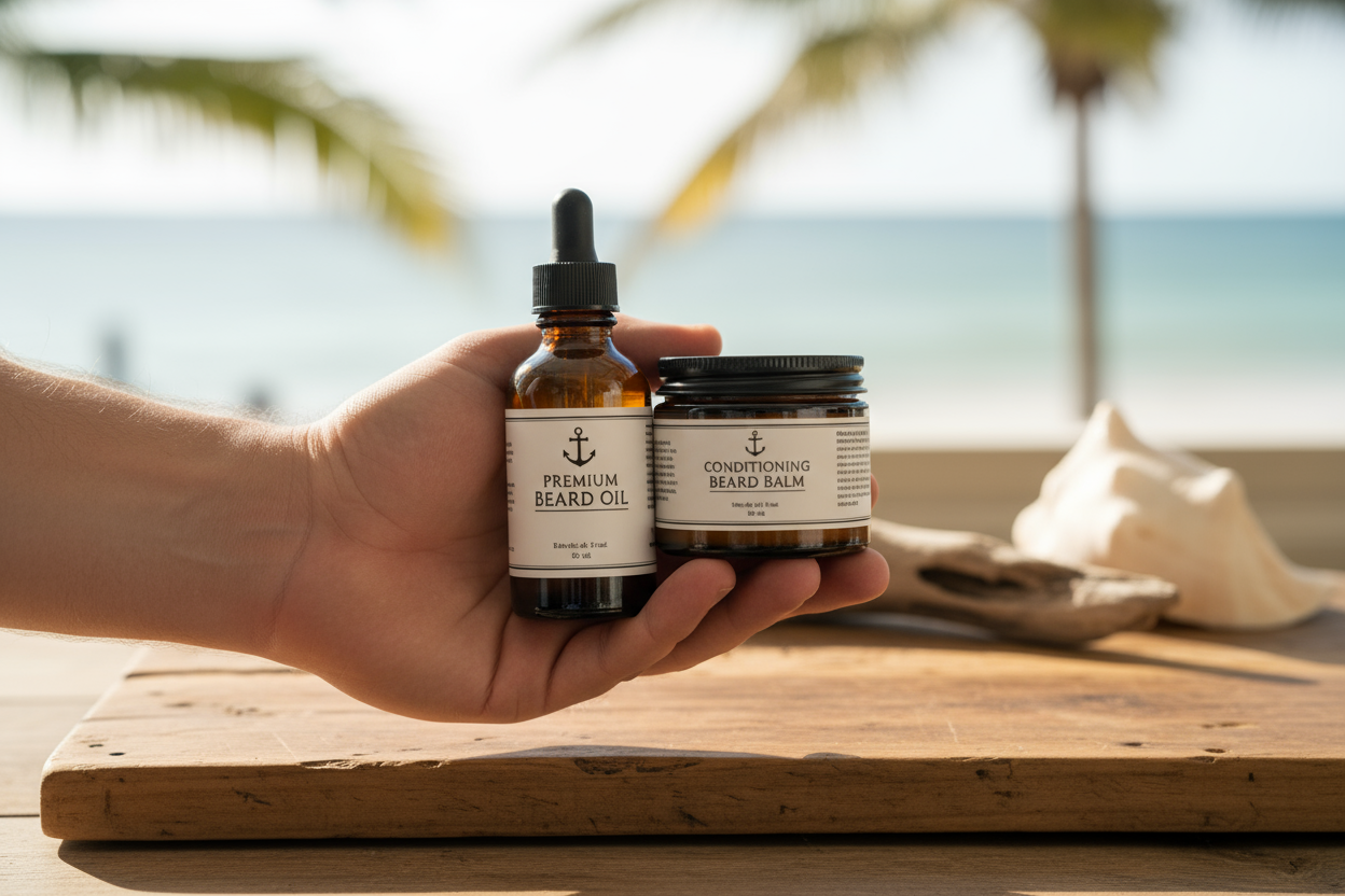 Beard care gift set lifestyle - premium oil and balm bundle for men