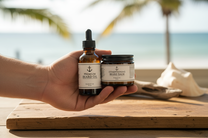Beard care gift set lifestyle - premium oil and balm bundle for men