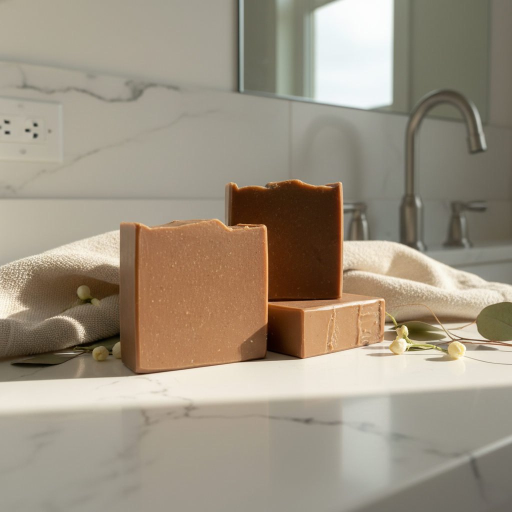 Three Still Water artisan soap bars with chocolate brown finish arranged at a low angle on a sunlit white stone bathroom counter with linen towel and botanical accents